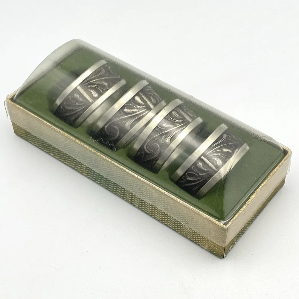Vintage Set of 4 Norwegian Style Pewter Napkin Rings Embossed Scroll Design Box